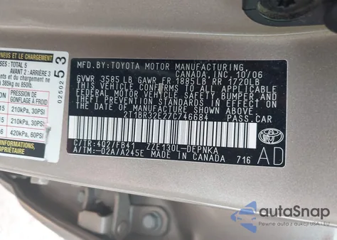 2007 Toyota Corolla Le from USA, damaged, VIN 2T1BR32E27C746684